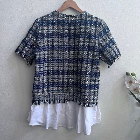 Neiman Marcus Women's Knitted Tweed Short Sleeve Blue Multicolor Blouse Size M - Picture 2 of 7